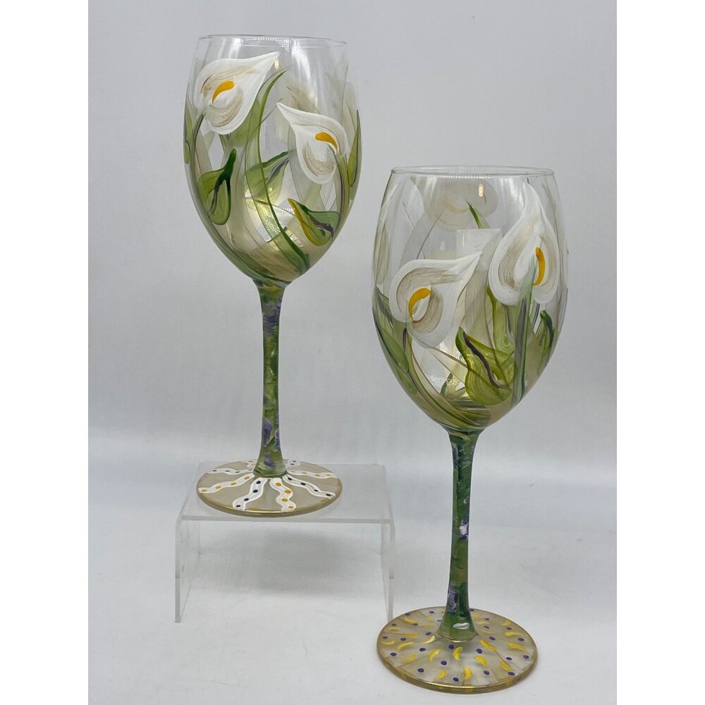 Hand-Painted Calla Lily Wine Glasses Set Of 2 Floral Design Signed Art Glass